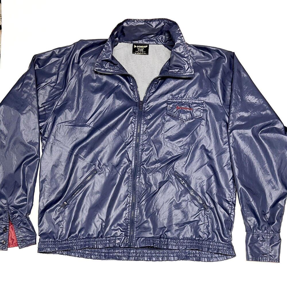 VTG Dunlop Windbreaker Lightweight Breathable Back Dark Navy Blue Thin Sz XL